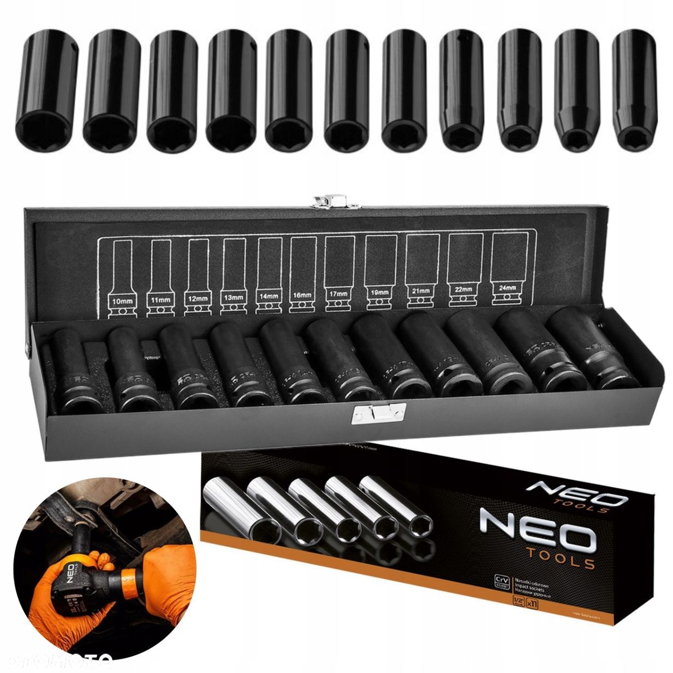 NEO 12-102 NASADKI UDAROWE DŁUGIE 11 ELEM 10-24mm 1/2 METALOWA WALIZKA - 1