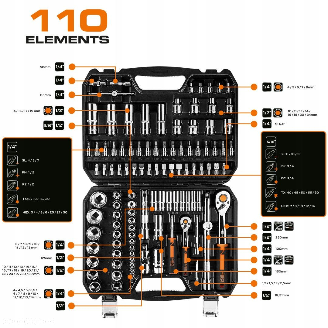 NEO 10-066 ZESTAW KLUCZE NASADOWE NASADKI TORX 1/4" 1/2" walizka 110el XXXL - 8
