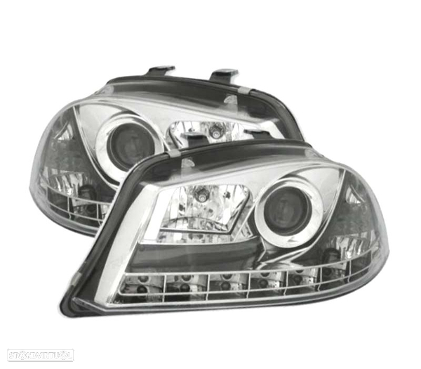 FARÓIS FRONTAIS LUZ DIURNA LED PARA SEAT IBIZA E CORDOBA 6L 02-05 FUNDO CROMADO