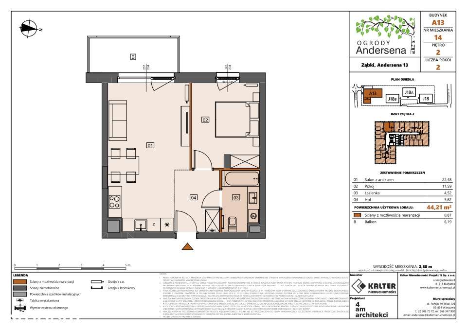 Mieszkanie A13-14 - 44,21 m2 z balkonem 6,19 m2