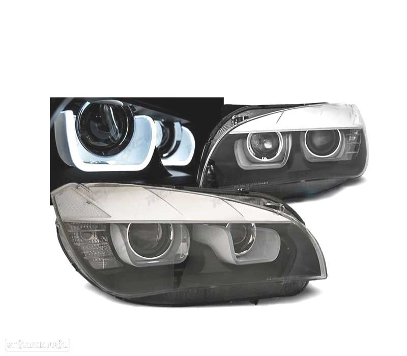 FARÓIS FRONTAIS BMW X1 12-14 XENON LED 3D FUNDO PRETO - 1
