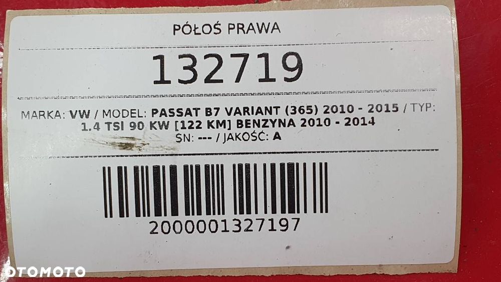 PÓŁOŚ PRZÓD PRZEDNIA PRAWA DŁUGA OPEL VW PASSAT B7 1.4 TSI 1K0407272QM - 5