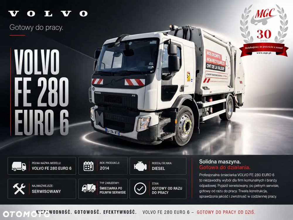 Volvo FE 280 / ŚMIECIARKA  / 2 OSIE / GEESINKNORBA / EURO 6 / NISKI PRZEBIEG / NISKIE MOTOGODZINY / BRAK RDZY / PO SERWISIE / ZABUDOWA SPRAWDZONA / BEZWYPADKOWY / 3 MIEJSCA SIEDZĄCE / 13M3 - 1