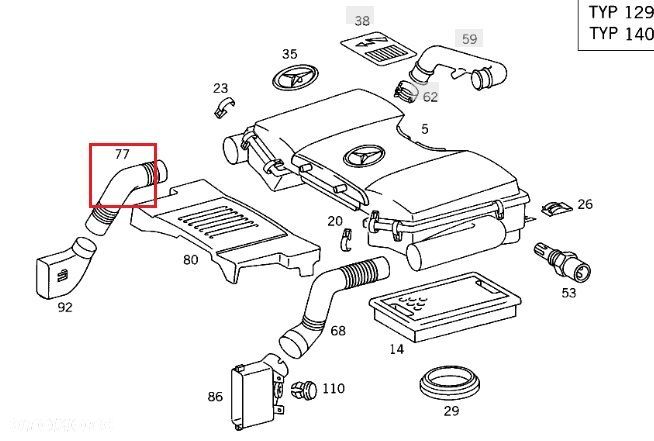 MERCEDES BENZYNA M119 W140 R129 Rura przewod powietrza silnika prawyOE - 2
