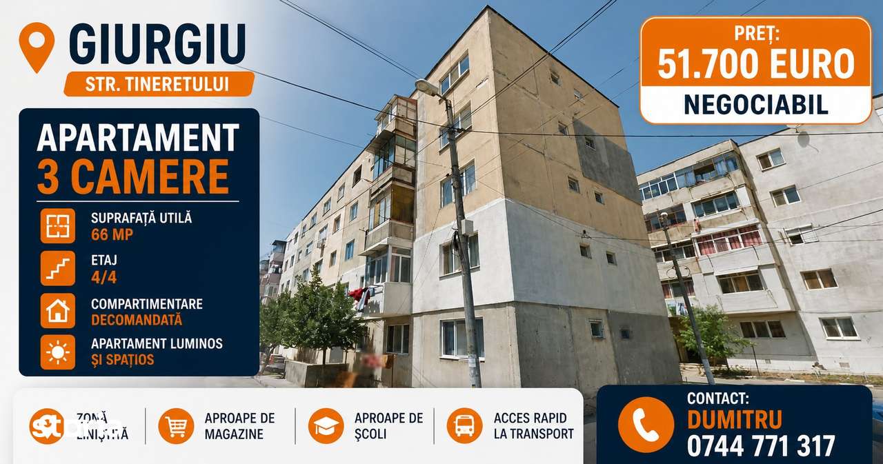 Giurgiu, Apartament cu 3 camere - 66 mp - ETAJ 4 - str. Tineretului — fotografia 1