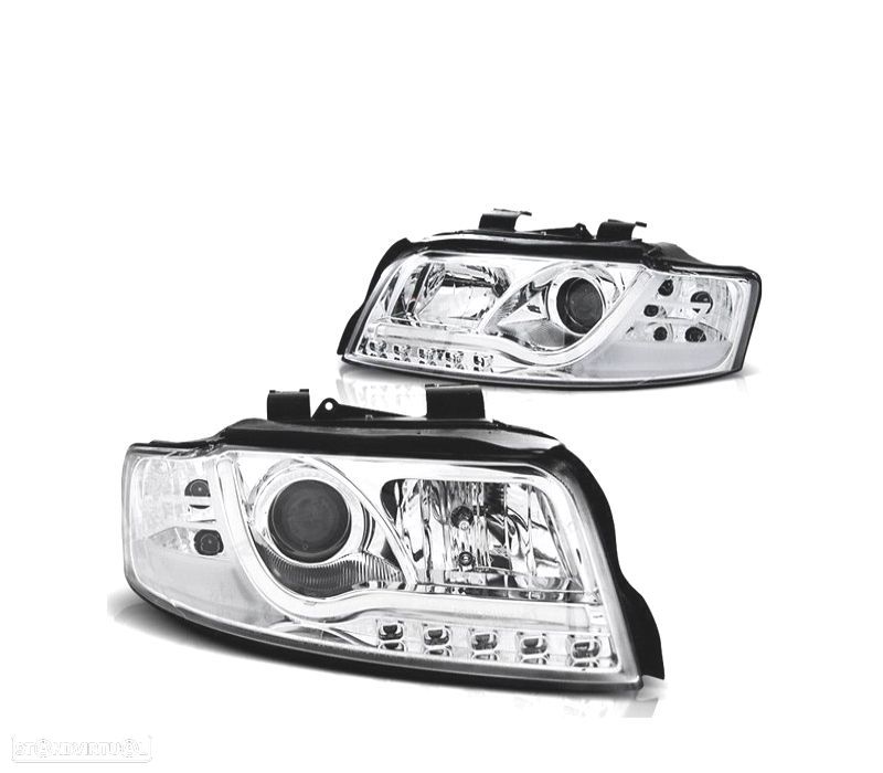 FARÓIS COM LUZ DIURNA LED TFL AUDI A4 B6 00-04 FUNDO CROMADO - 2