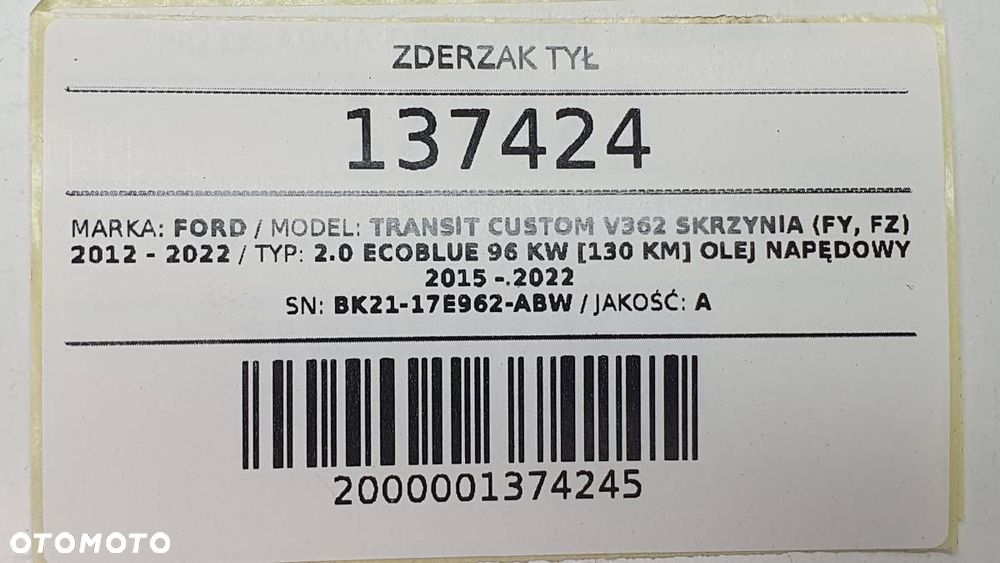 ZDERZAK TYŁ TYLNY KOMPLETNY PDC FORD TRANSIT CUSTOM MK1 BK21-17E962 - 9
