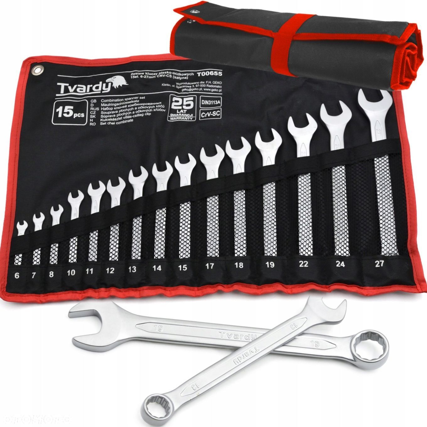 KOMPLET ZESTAW KLUCZY PŁASKO-OCZKOWYCH 15el. 6-27mm CRV-CS TVARDY T00655 - 1