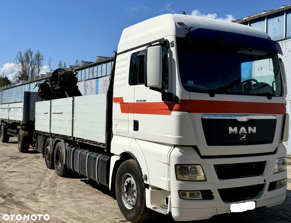 MAN TGX 26.480 6x2 XLX HIAB XS 144DS-3 PRO DŁ:10.5m AUTOMAT RETARDER KLIMA OŚ PODNOSZONA I SKRĘTNA DŁ:PAKI:6.4m BURTY ALUMINIOWE + PRZYCZEPA SCHWARZMULLER BURTOWA DŁ:7m 2009r EURO 5 - 13