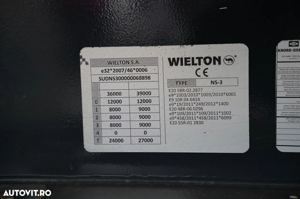 Wielton / CORTINĂ STANDARD / REMORCA DIN OȚEL - 9 M / AXĂ CULISANTĂ / ACOPERIȘ CULISANT / SAF / - 30