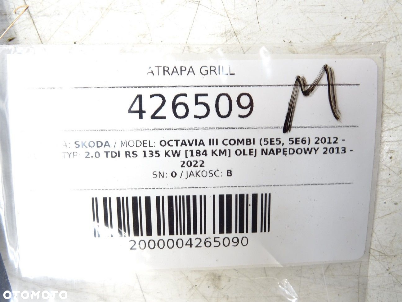 ATRAPA GRILL - 130.00 PLN - SKODA OCTAVIA III Combi (5E5, 5E6) 2012 - 2022 2.0 TDI RS 135 kW [184 - 9