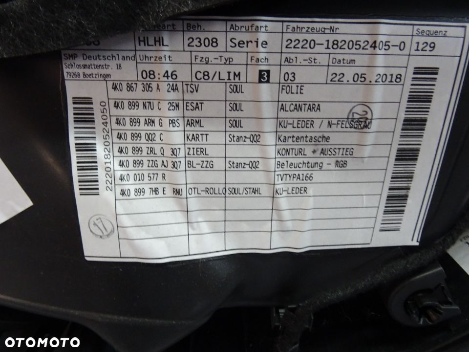 4K0867306A 4K0867306A boczek drzwi tyl sedan Skora roleta alkantara  Audi A6 C8 4K czesci - 3