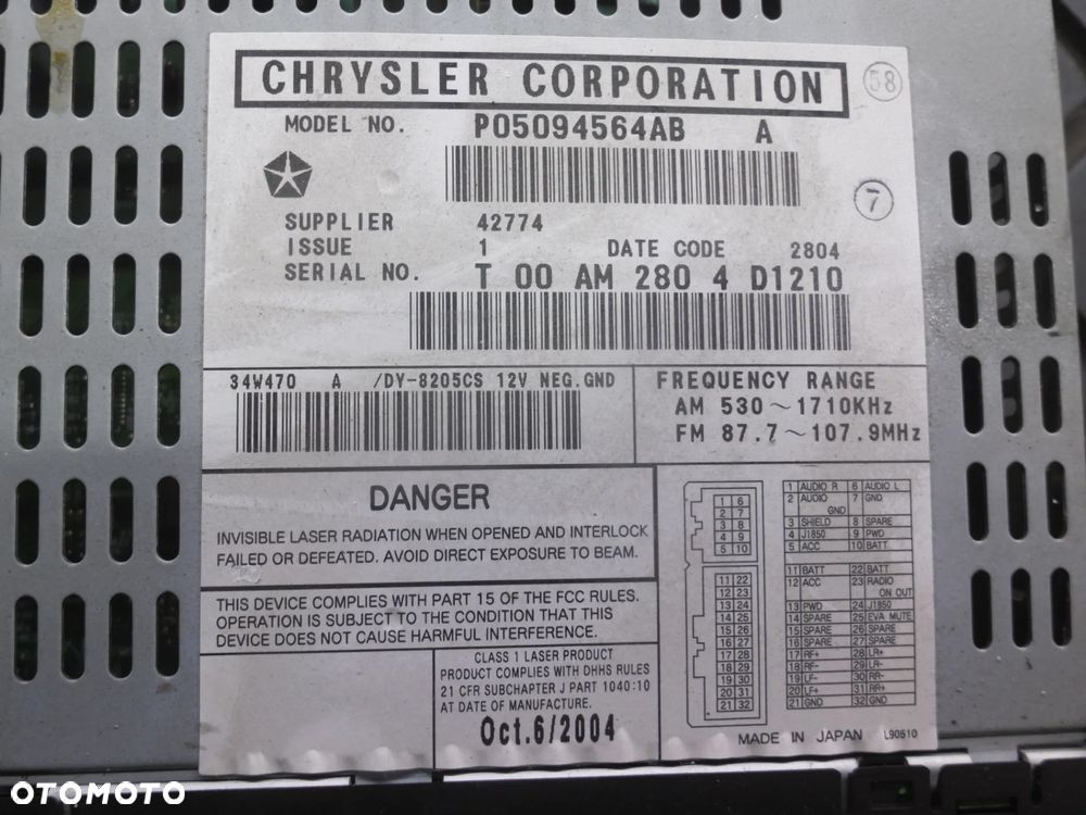 CHRYSLER PACIFICA RADIO SAMOCHODOWE P05094564AB - 2