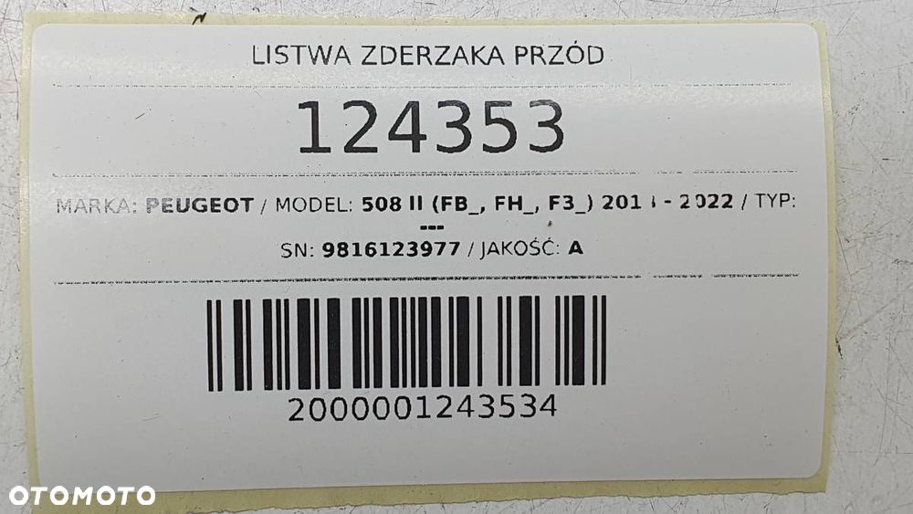 LISTWA NAKŁADKA GÓRNA ZDERZAKA PRZÓD PEUGEOT 508 II 9816123977 - 10