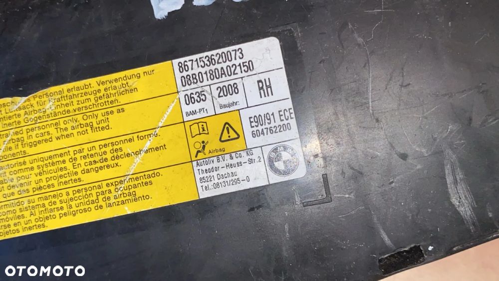 PODUSZKA BOCZNA POWIETRZNA AIRBAG FOTELA PRAWA PRZÓD BMW E90 E91 867153620073 - 2
