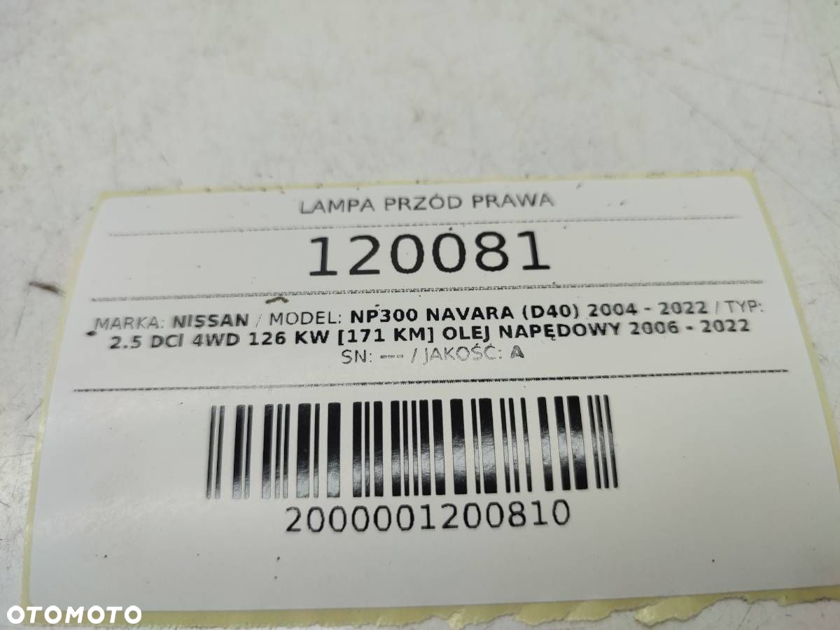 LAMPA PRZÓD PRZEDNIA PRAWA NISSAN NAVARA III D40 EUROPA - 9