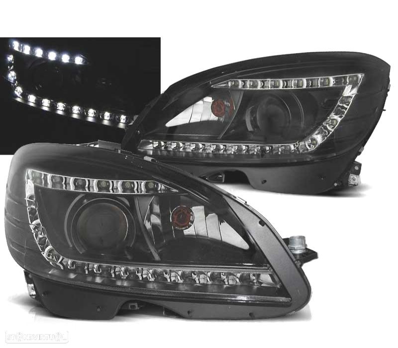FARÓIS BIXENON MERCEDES CLASSE C W204 07-11 LUZ DIURNA FUNDO NEGRO - 1