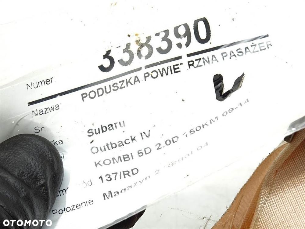 PODUSZKA POWIETRZNA PASAŻERA - 91.00 PLN - SUBARU OUTBACK (BR) 2009 - 2022 2.0 D AWD (BRD) 110 kW - 5