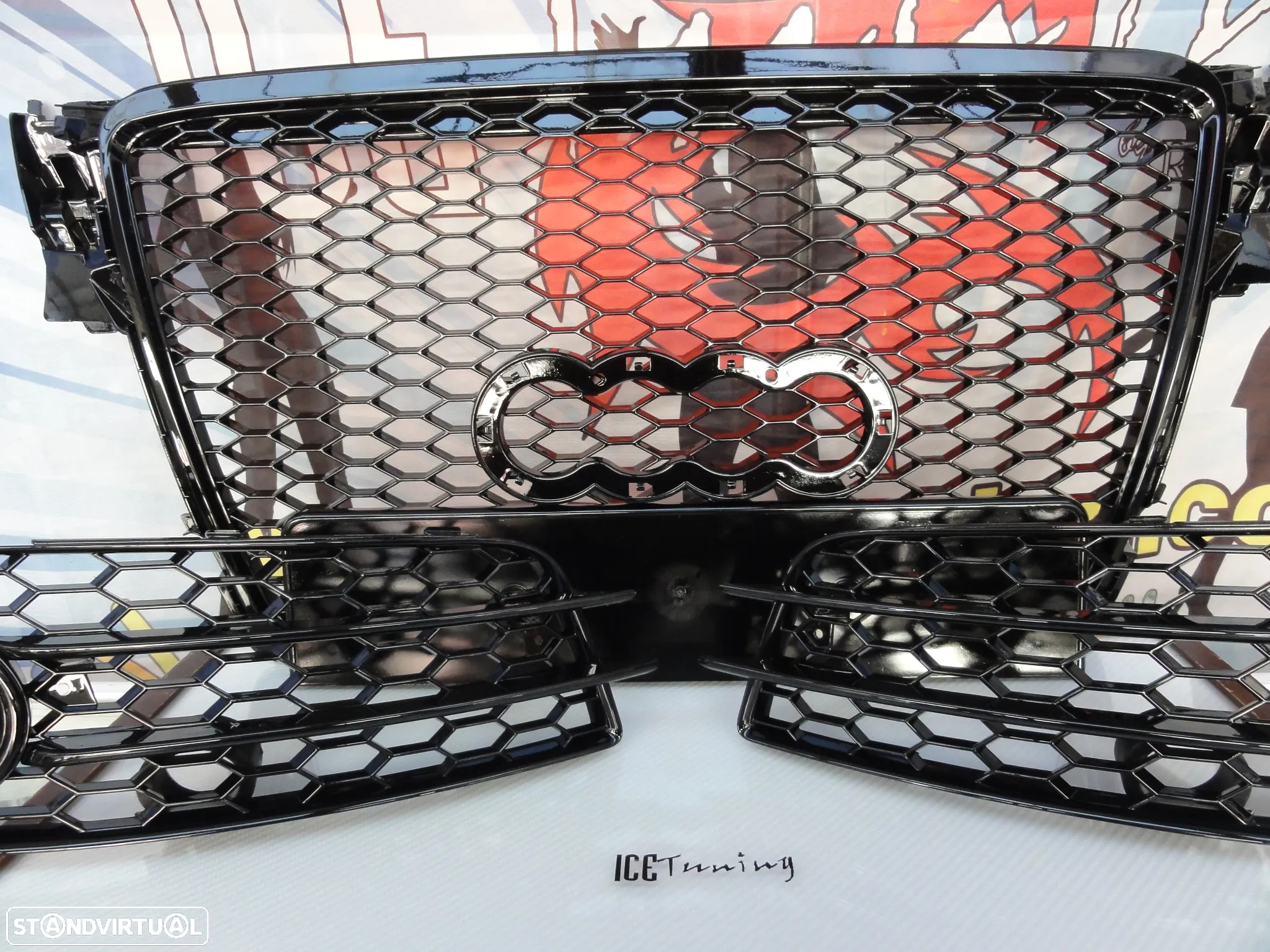 Grelha frontal + grelhas faróis nevoeiro para Audi A4 B8 08-11 com para-choques Sline RS LOOK preto brilhante com suporte para símbolo - 4