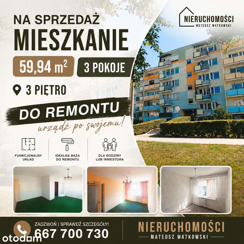 Mieszkanie 3 pokoje| 59,94m2| do remontu| 3 piętro| Lotnisko