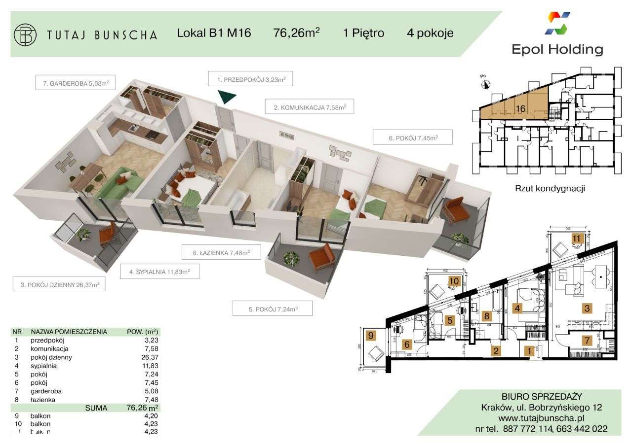 4-pok. mieszk. 76,26 m2 + 3 balkony 4,2 + 4,23 + 4,23m2 Bezpośrednio