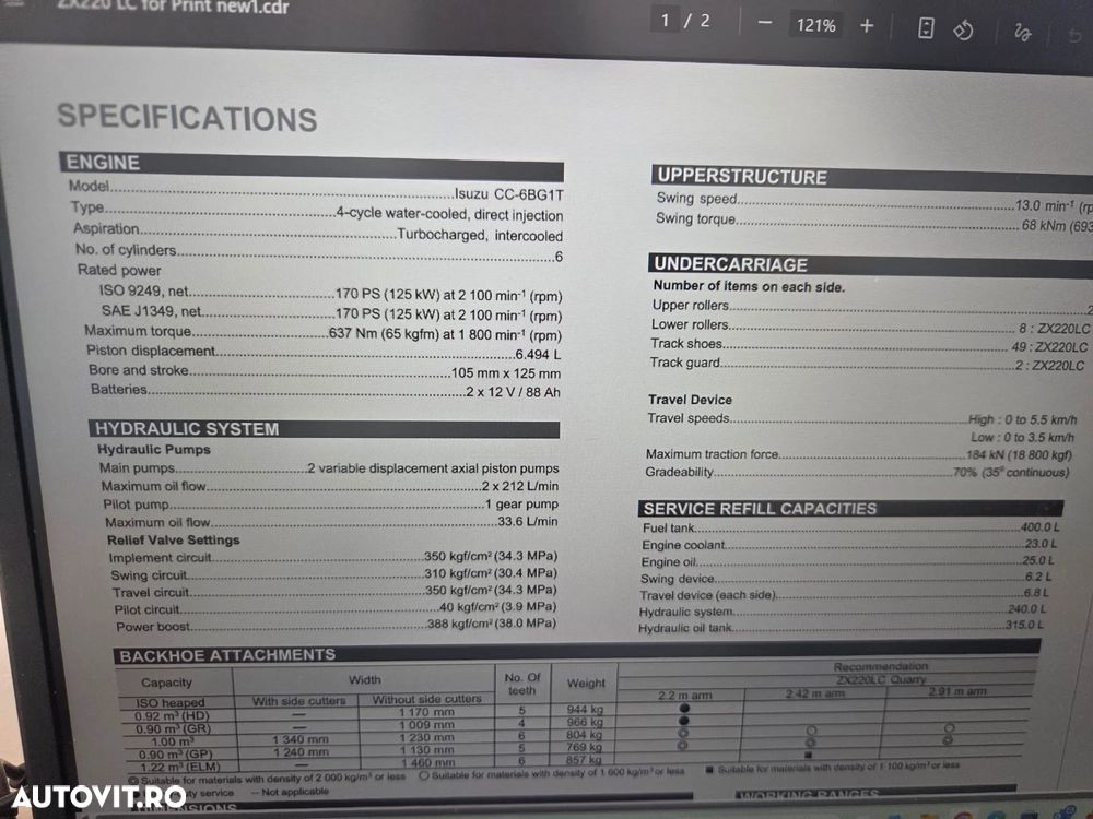 Hitachi ZX220, 22tone, 2026, 7ore, cupa 1,3mc, adancime sapare 7m, latime 2,99m, inst picon pe brate, Aer cond, computer in lb romana, produs in JAPONIA, posibilitate leasing 5 ani, garanti 1 an-PROMOTIE 109.900 EUR+Tva - 34