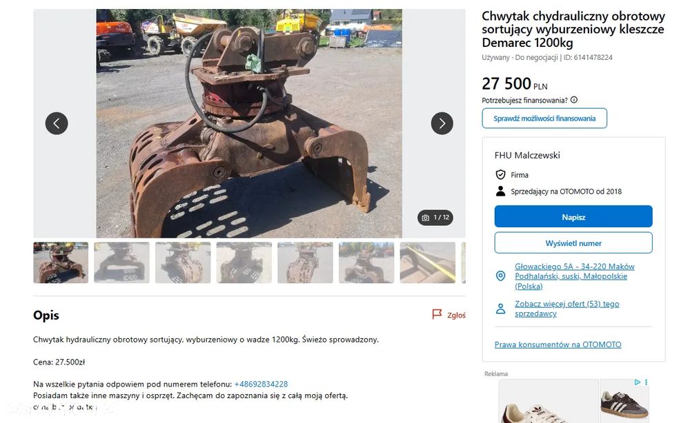 Arden S1201 na 2 siłownikach, chwytak hydrauliczny obrotowy sortujący wyburzeniowy kleszcze, waga 1220kg. - 2