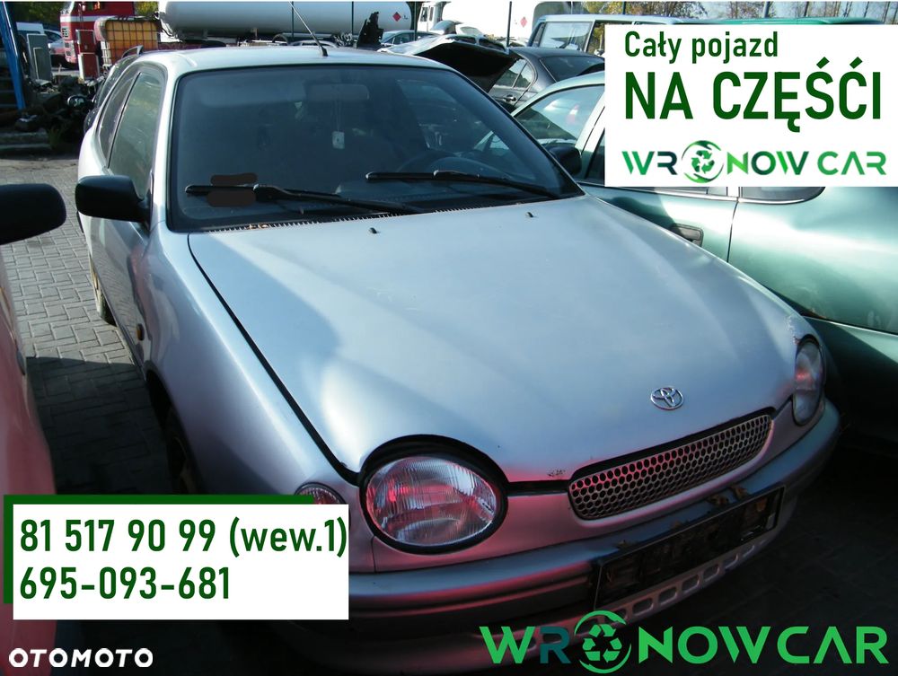 Toyota Corolla VIIII E11 (97-99r.) 1.3B 85KM.Silnik 4E-FE Skrzynia C150 Lakier 199. Cały na części GWARANCJA !!!!  Przód Tył Zestaw Komplet Drzwi Klapa Zderzak Błotnik Maska Grill Atrapa Szyba Pas Lampa Lusterko Boczki Fotel Kanapa Kokpit Deska Rozdzielcza Przełącznik Włącznik Sterownik Przewody Wiązka Instalacja Moduł Komputer Czujnik Listwa Pompa Alternator Wtryski Głowica Rozrusznik Kompresor Sprzęgło Dwumas Silnik Skrzynia ABS Klimatyzacji Paliwa Wspomagania Kolektor Turbina Przepustnica Zawór Chłodnica Koło Hak Belka Sanki Zawieszenie Mcpherson Półoś Amortyzator Wydech Tłumik Zacisk Most - 1