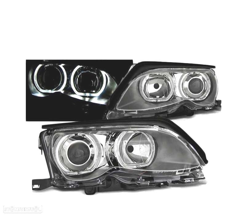 FARÓIS BMW E46 01-05 ANGEL EYES LED CROMADO - 1