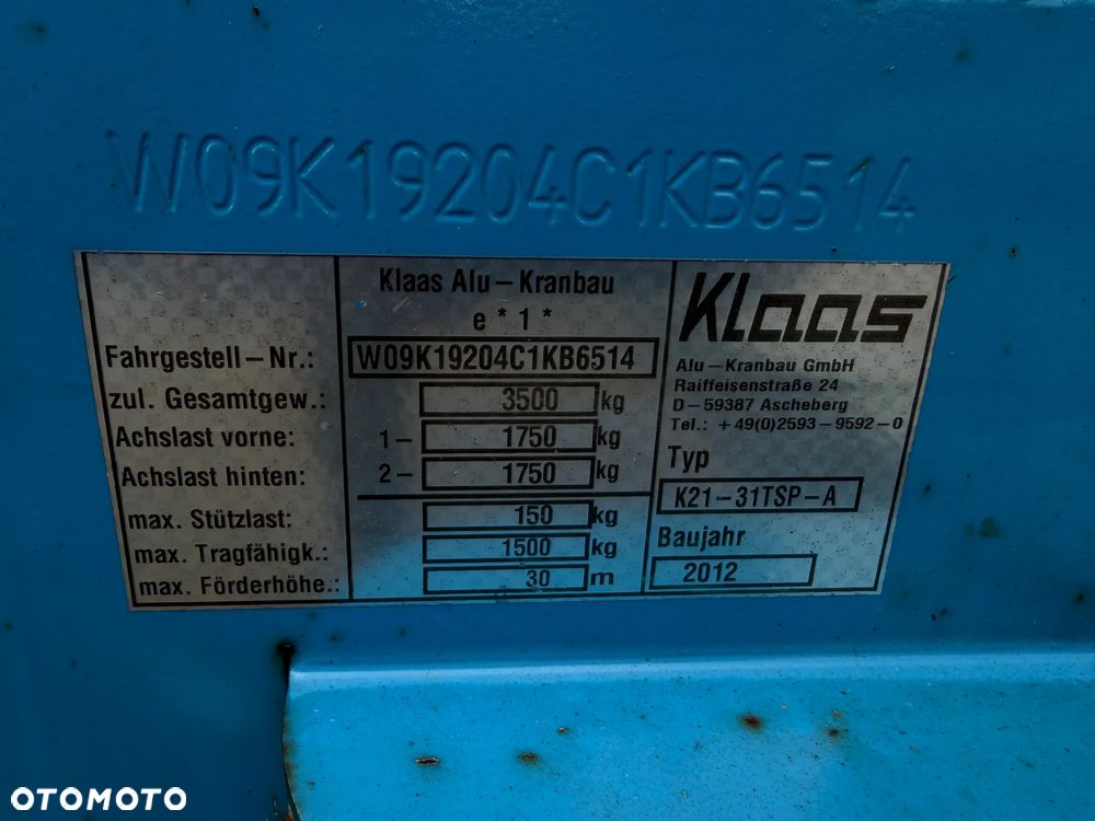 KLAAS 21/31TSP Dźwig Dekarski żuraw zwyżka podnośnik 31m. udźwig 1800kg max. Silnik Yanmar 3cyl. Dźwig Sterowany całkowicie zdalnie z pilota. Do 3,5 tony Transportowanie samochodem osobowym! Podwieszana oś Hydr. Własny Napęd Hydr. na 2 koła w terenie. Maszyna jak Nowa 2,5 tyś mtg. 2013r. Po serwisach Dekra BMWT. Sprowadzona z Norwegii. Nie różni się od nowej z salonu. Pełna Hydraulika w maszynie. Najbogatsza wersja. OKAZJA 230volt. Zero zużycia! - 25