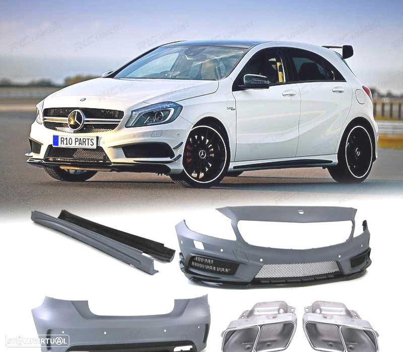 KIT CARROÇARIA PARA-CHOQUES MERCEDES AMG A45 CLASSE A W176 COM PDC + LAVA-FARÓIS + PONTEIRAS - 1