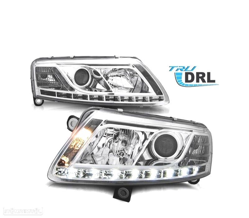 FARÓIS AUDI A6 4F 04-08 LUZ DIURNA REAL FUNDO CROMADO - 1