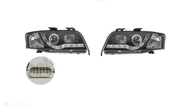 Set faruri Audi A6 (C5), 06.2001-01.2005, stanga+dreapta, Tuning, Fata, cu lumina de parcare LED; tip bec H1+H1; manual; negru, transparent; tuning, - 1