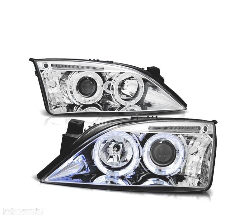 FARÓIS FRONTAIS FORD MONDEO MK3 00-07 OLHOS ANGEL FUNDO CROMADO - 1