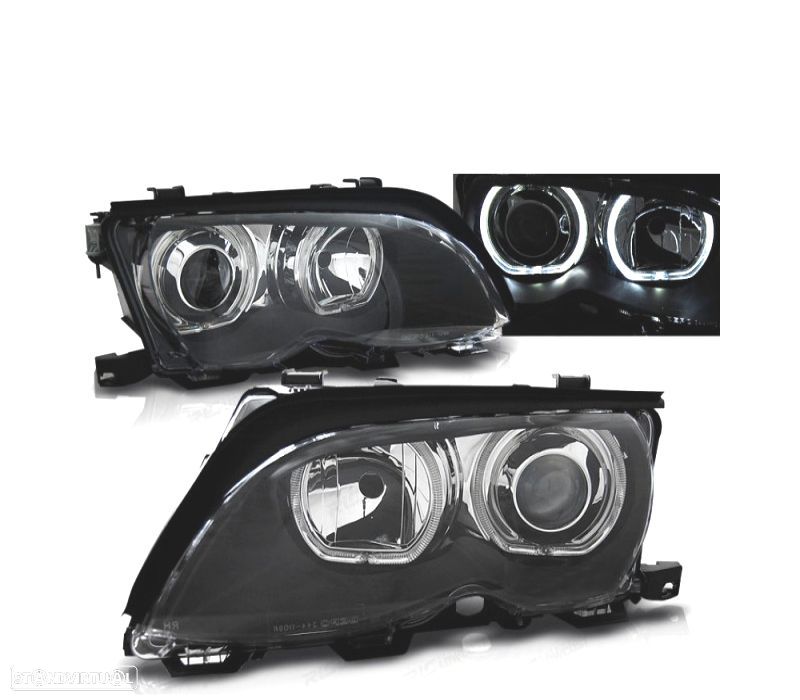 FARÓIS BMW E46 01-05 ANGEL EYES LED PRETO - 1