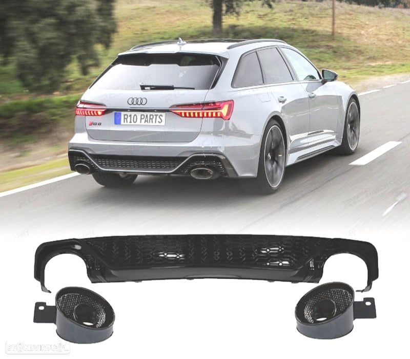 DIFUSOR TRASEIRO AUDI A6 18-22 LOOK RS6 PRETO BRILHANTE + PONTEIRAS 0---0 - 1