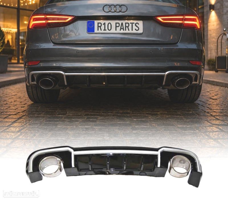 DIFUSOR AUDI A3 SEDAN S LINE 17-20 LOOK RS3 PRETO BRILHANTE + PONTEIRAS DE ESCAPE - 1