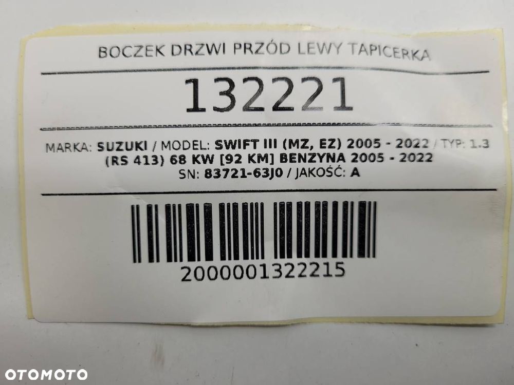 BOCZEK DRZWI PRZÓD LEWY TAPICERKA SUZUKI SWIFT MK6 VI 83721-63J0 5D EU - 10