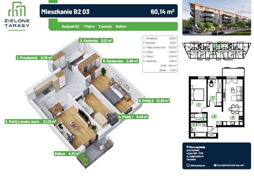 60,14 m2-3 pokoje-balkon- RABAT miejsce postojowe o 5 000 zł taniej!