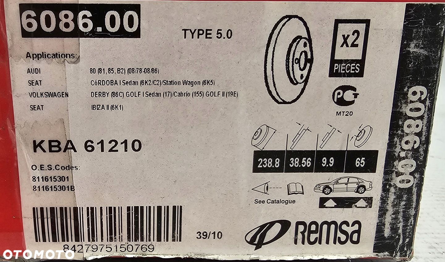 2x NOWA TARCZA HAMULCOWA PRZÓD VOLKSWAGEN / SEAT / AUDI - 6086.00 - 2