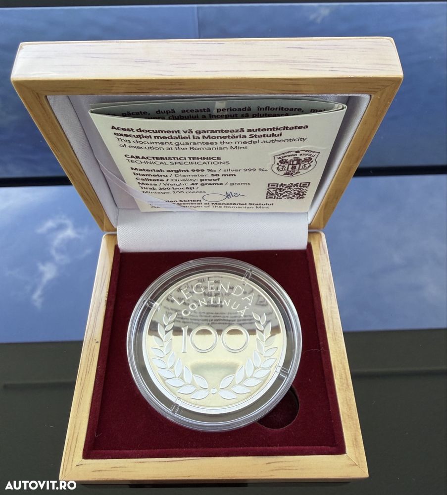 Medalie Lingou Moneda Aniversare Rapid Bucuresti-100 Ani 47 Grame 999% Ag Argint - 2