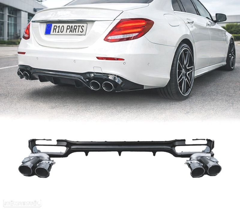 DIFUSOR MERCEDES CLASE E W213 SEDAN 16-19 LOOK AMG E53 PRETO BRILHANTE + PONTEIRAS DE ESCAPE - 1
