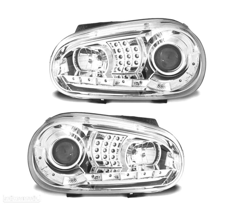 FARÓIS COM LUZ DIURNA + PISCAS LED VOLKSWAGEN VW GOLF 4 MK IV 97-03 FUNDO CROMADO - 1