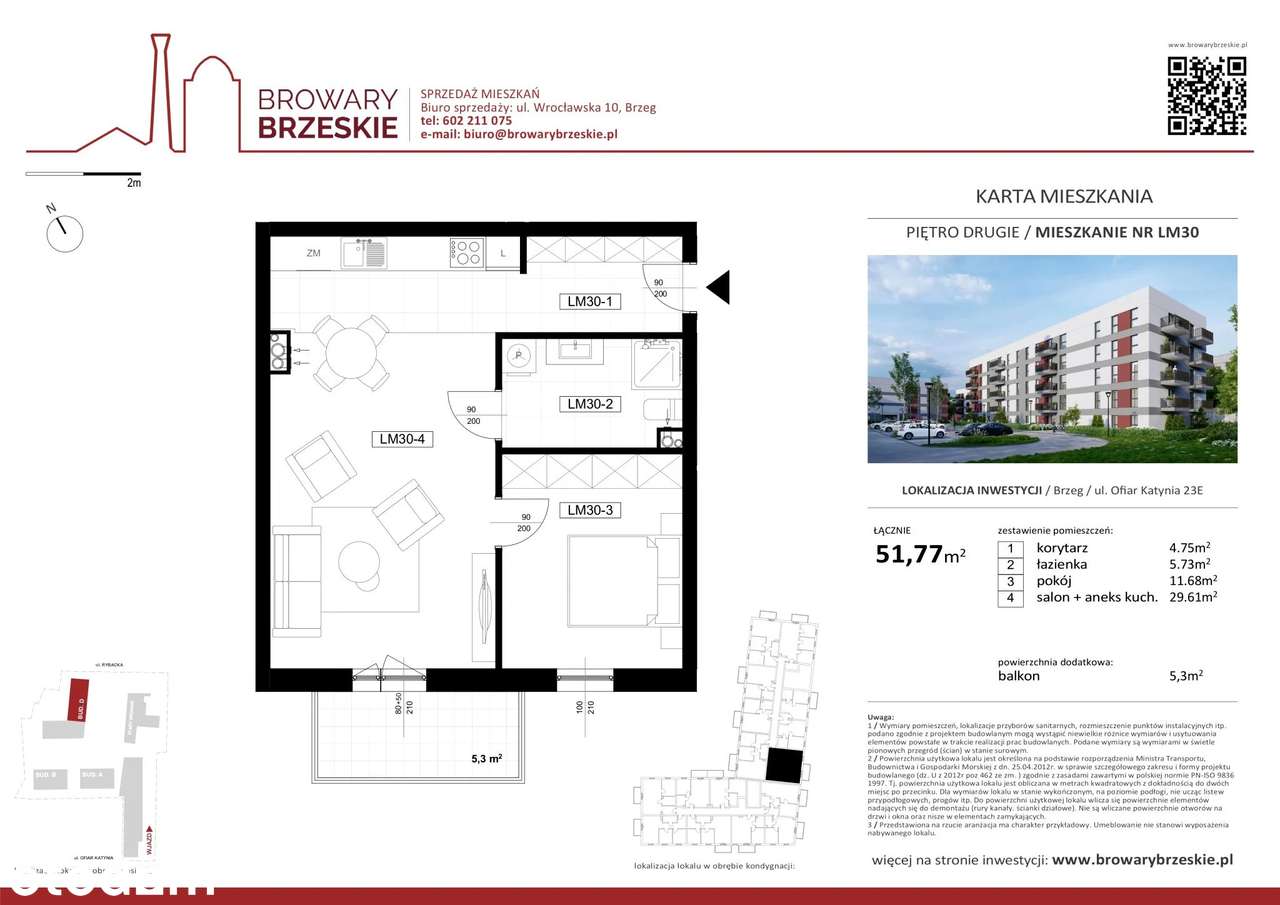 Mieszkanie 2 pokojowe | 51,77 m2| stan deweloperski | Browary Brzeskie