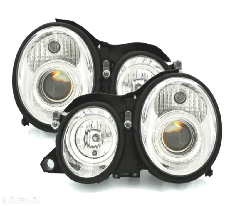 FARÓIS FRONTAIS ANGEL EYES PARA MERCEDES CLK W208. FUNDO CROMADO - 1