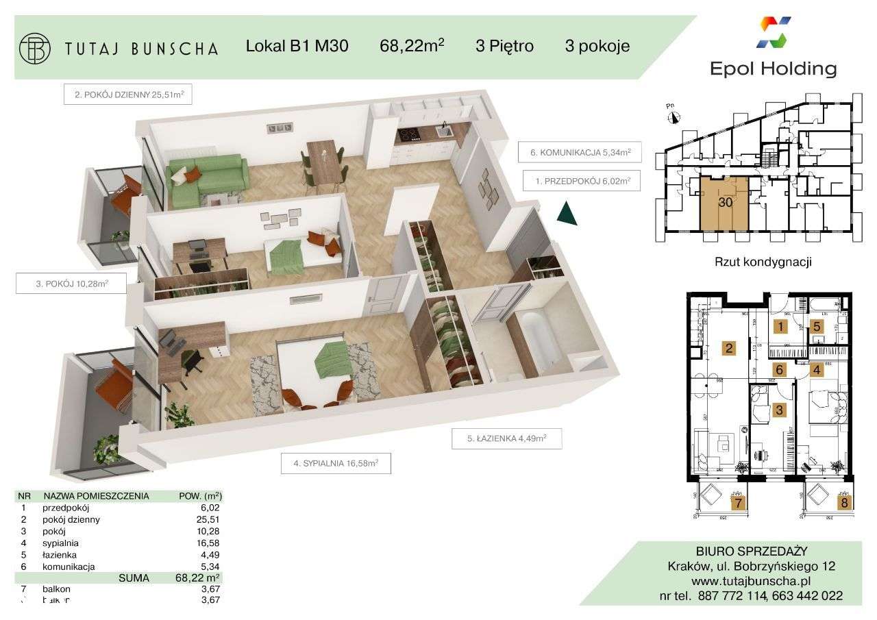 3-pokojowe mieszkanie 68 m2 + 2 balkony 3 i 3 m2, Bezpośrednio