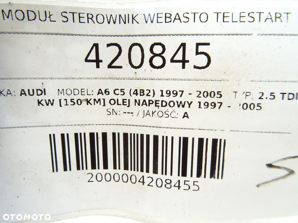 MODUŁ STEROWNIK WEBASTO TELESTART - 69.00 PLN - AUDI A6 C5 (4B2) 1997 - 2005 2.5 TDI 110 kW [150 - 4