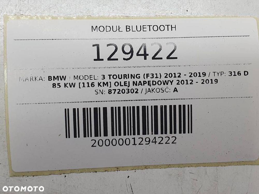MODUŁ STEROWNIK BLUETOOTH BMW 3 F30 F31 F20 F21 F34 EU 8720302 - 6