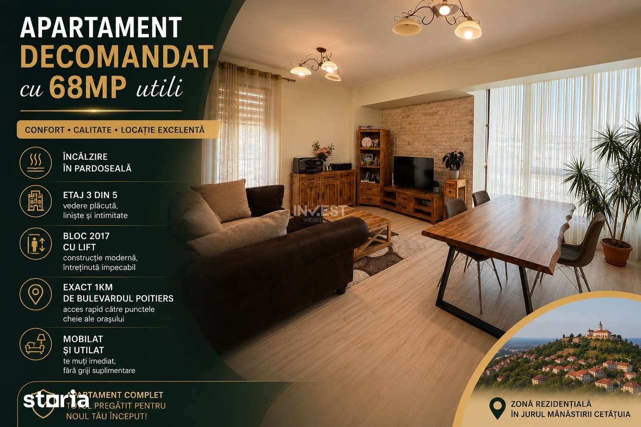Apartament mobilat 68 MP Utili - etaj intermediar cu lift - zona Cetat — fotografia 3