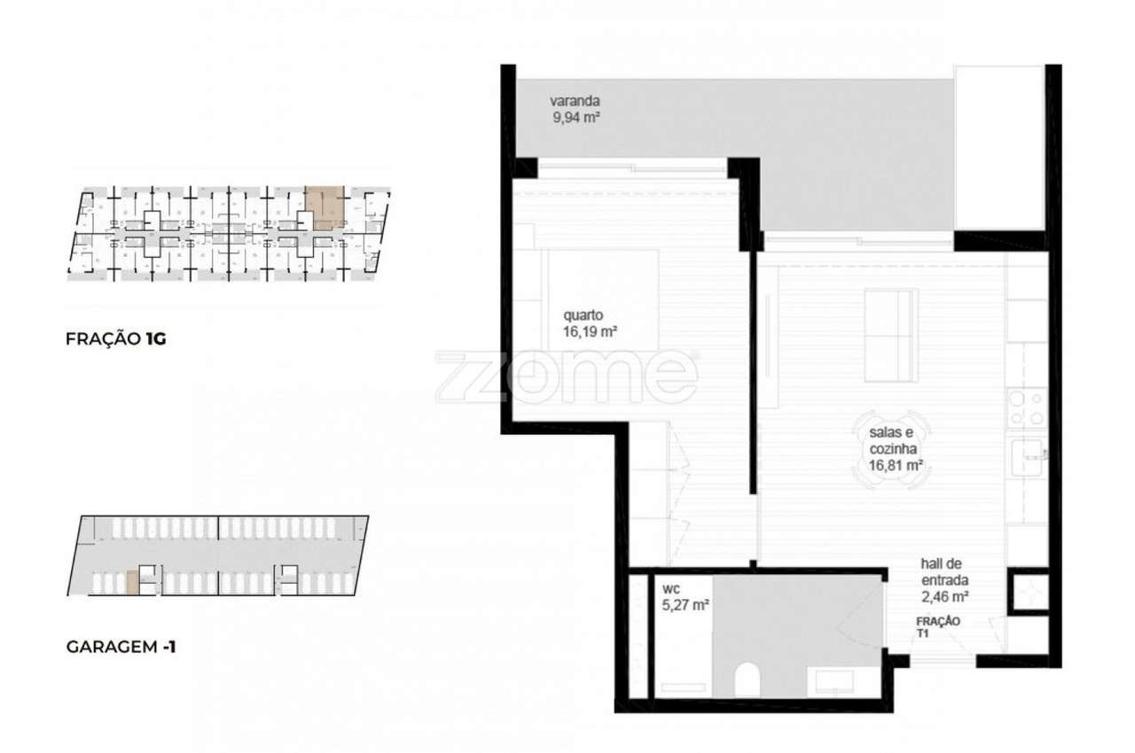 Apartamento T1 (1G) localizado no piso 1, com área total de 72.1 m2. - Grande imagem: 3/23